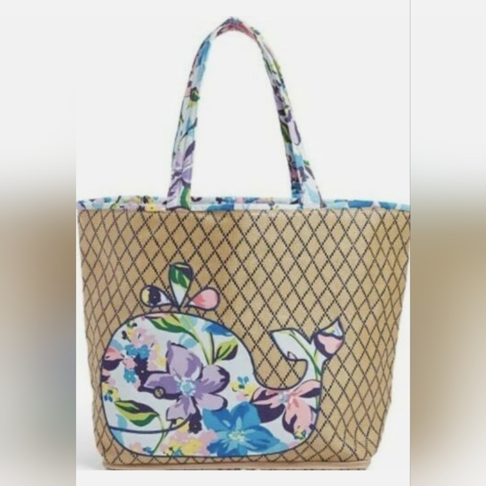 Vera Bradley Marian Floral Whale Woven Straw Beach Tote Bag Zipper Bottom